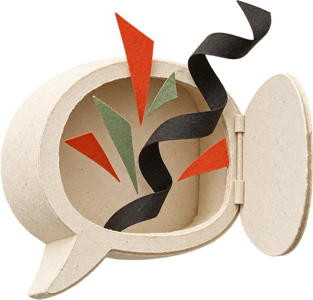 An open paper speech bubble with red and green paper sparks spilling out