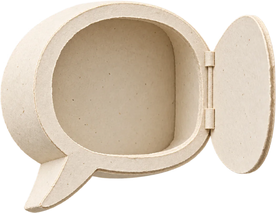 An open paper speech bubble, its little door folded back on a hinge